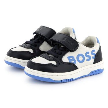 BOSS Tenis para niño chico sin agujetas color blanco, ajustable con velcro y logo BOSS al costado